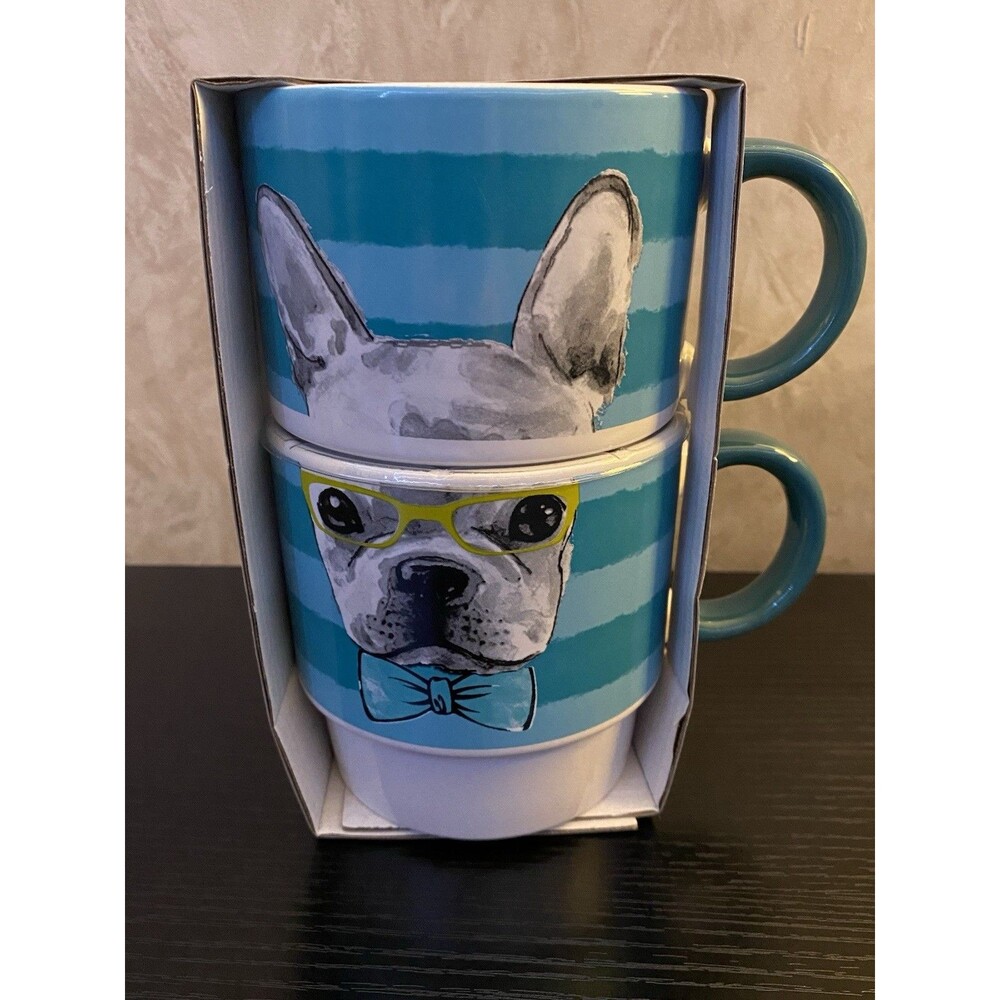 French Bulldog Gourmet Edge Stoneware stackable coffee mugs 14.5oz set of 2 NEW